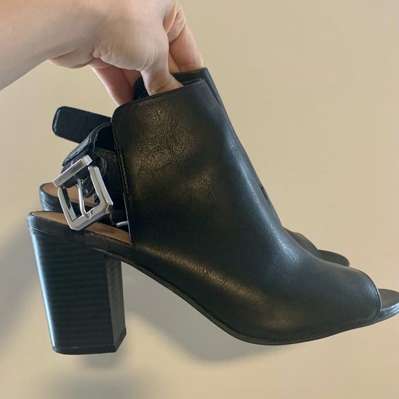 Rampage Shoes - Black peep toe bootie heels with metal buckles